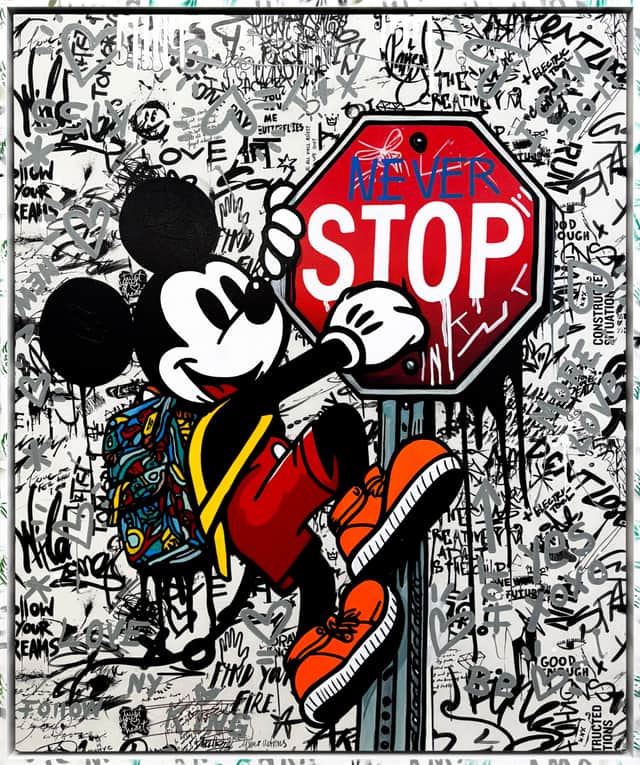 Artwork: The Climber (Mickey Mouse), large original painting with custom painted frame