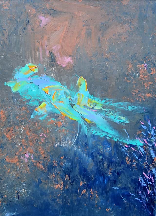 Artwork: “Echoes of the Deep”, Abstract painting, Homage to Gerhard Richter, Green, Blue, Pink,Yellow, Impressionism, Minimalism, Abstract, Modern , textured, colorful, vibrant, modern, joyfull, interior, fluorescent