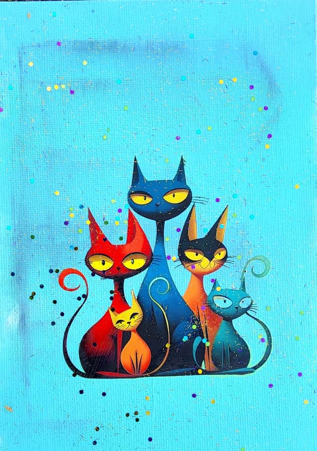 Artwork: "Family Portrait: Cat's", art, painting, mixedmedia, glitter, colorfulart, modernart, vibrantpainting, handmade, interiordecor, creativeart, expressiveart, brightcolors, wildlifeart, exoticbirds,homedecor, artgift, wallart, splatterpainting, uniqueart, positivevibes, energyart, joyfulpainting, contemporaryart, boldcolors
