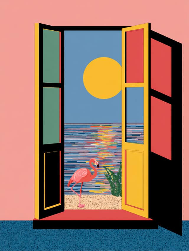 Artwork: "Flamingo at Sunset" II , Geometric Abstraction, Figurative Art, Cityscapes and City Scenes, Landscapes and Waterscapes