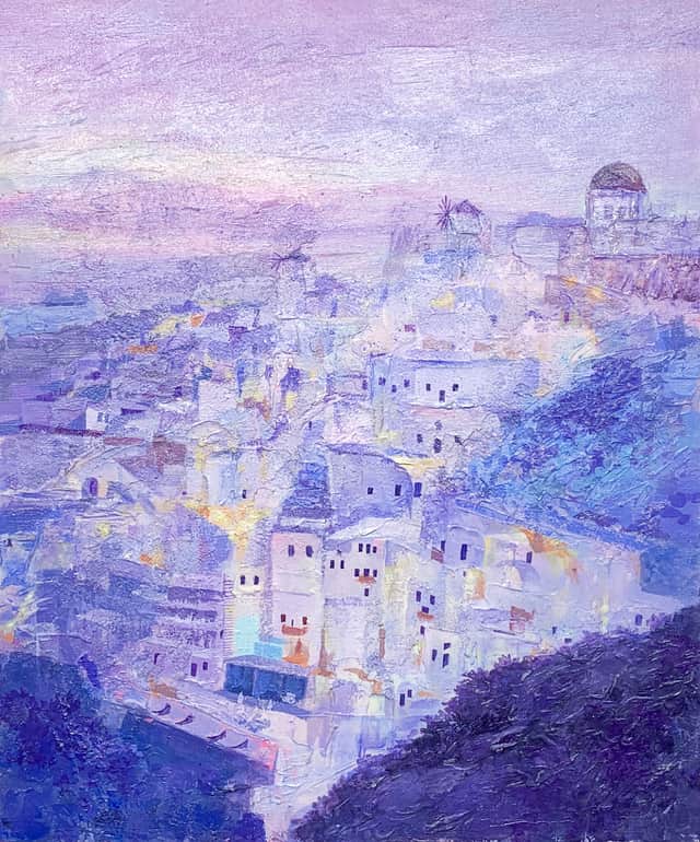 Artwork: Santorini Sunset - famous city paintings -