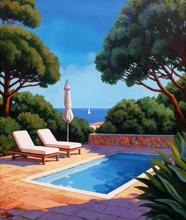 Artwork: Blue Green Abstract Painting, a seaside summer holiday, pool view, a view by the pool, Blue, Green, Beige, Grey, Brown, Summer, Exotic, Tree, Swimming Pool, Marine, Ocean, Sea, Nature, interior, Modern, Holiday
