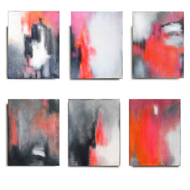 Artwork: Grey Pink Abstract Painting, Dialogue of the Soul, Joyful Quiet, Neon Coral, Neon Red, Rosa, Neon Orange, Pink, White, Magenta, Grey, Black, Dark Orange, Deep Orange, Dusty Pink, Dark Grey, vibrant, bold, Neon Painting, Neon Pink Abstract, set of 6, textured abstract painting