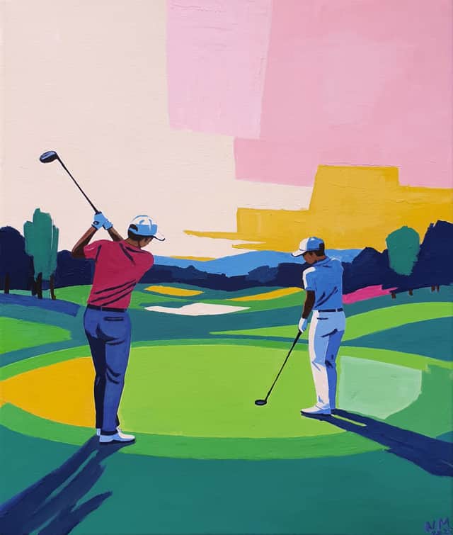 Artwork: Pink Green Abstract Painting, Green Oasis for Golfers, Blue, Green, Beige, Red, Yellow, Pink, Summer, Relax, Holiday, Sport, Golf, Golfers, players, landscape, Tree, Mountains, Nature, geometric, Modern, Interior,