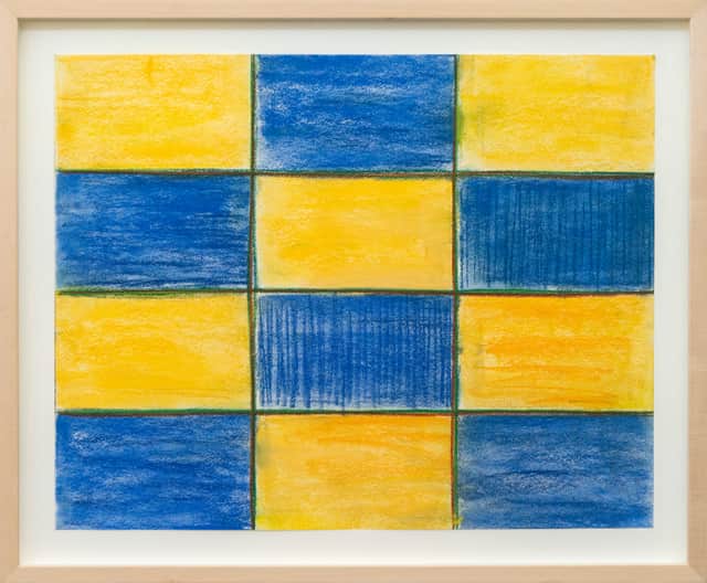 Artwork: Pastel Grid (Yellow, Blue) - contemporary, minimalist, abstract, pastel on paper
