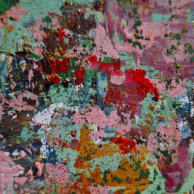 Artwork: "Silence in 7 Centimeters" , Red, Yellow, Green, Pink, Landscape, Miniature , Abstract Art, Inspired after Gerchard Richter