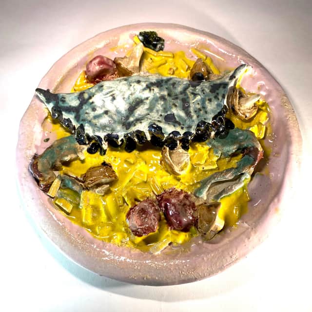 Artwork: Pink Crab Plate with Mushrooms