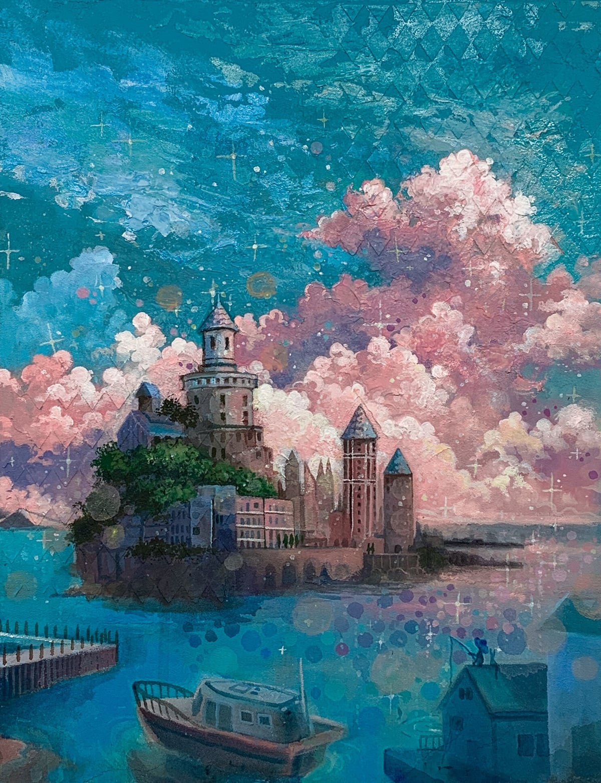 Artwork: pink cloud and Small old castle on a remote island