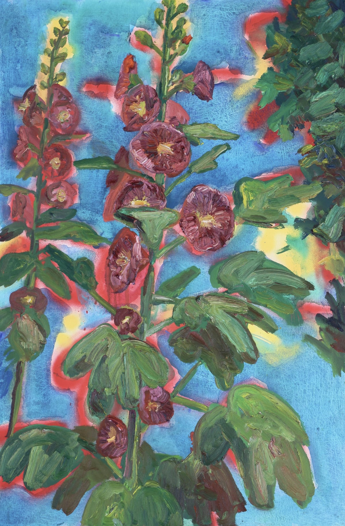 Artwork: Hollyhocks on blue