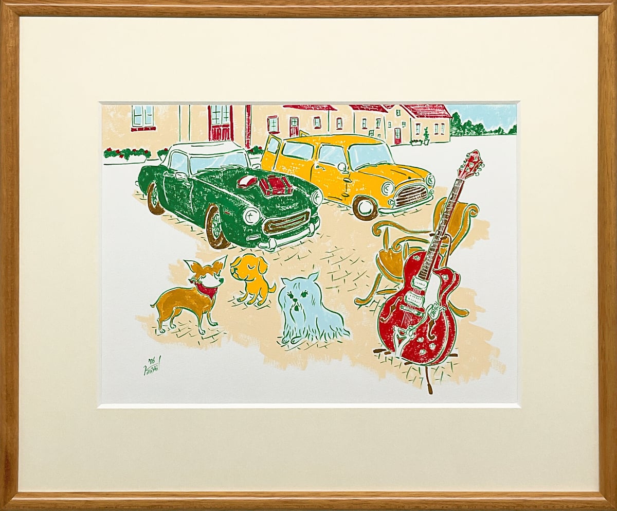 Artwork: Gretsch, a British Car, and Three Animals