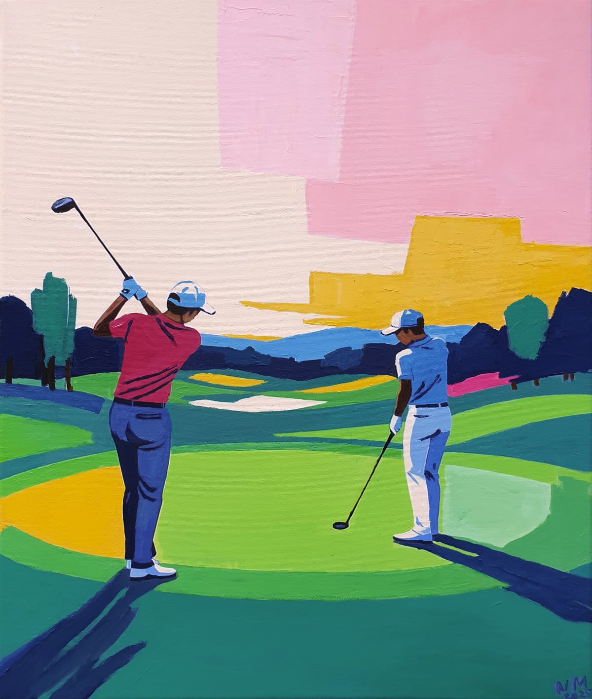 Artwork: Pink Green Abstract Painting, Green Oasis for Golfers, Blue, Green, Beige, Red, Yellow, Pink, Summer, Relax, Holiday, Sport, Golf, Golfers, players, landscape, Tree, Mountains, Nature, geometric, Modern, Interior,