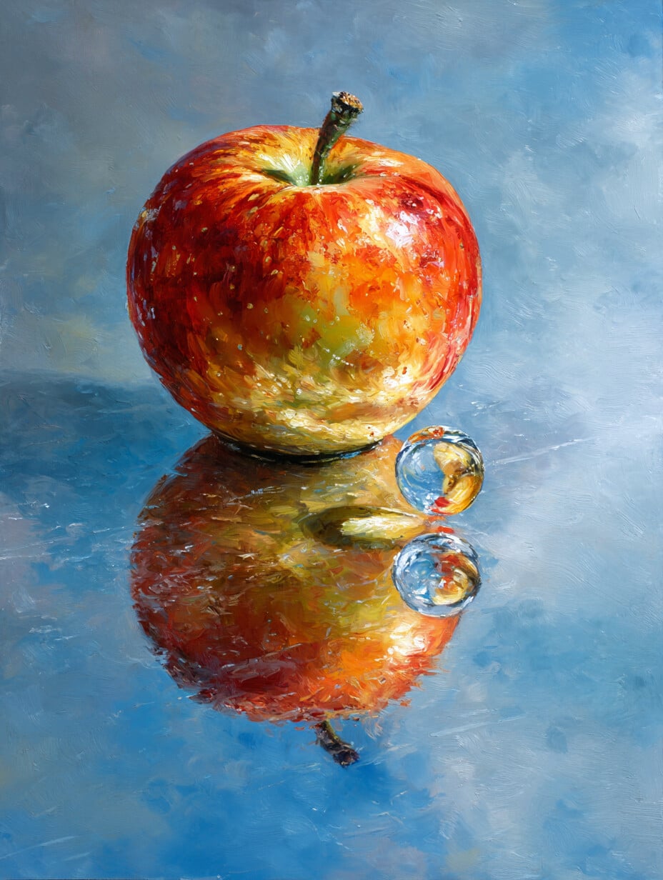 Artwork: "Apple on Reflective Surface" , Contemporary Academic Realism, Hyperrealism and Photorealism