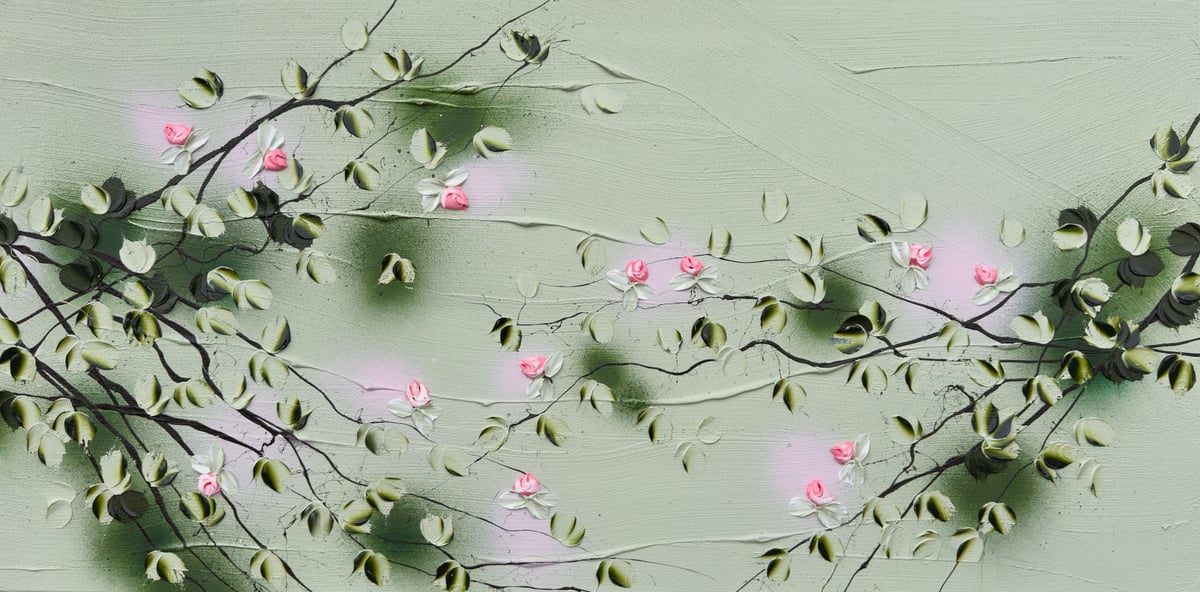 Artwork: "Pale Rose Garden" landscape format floral painting