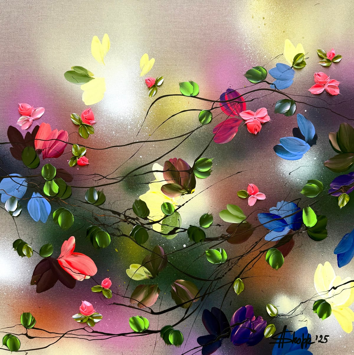 Artwork: "Satori Blooms III" - colorful textured painting on linen canvas