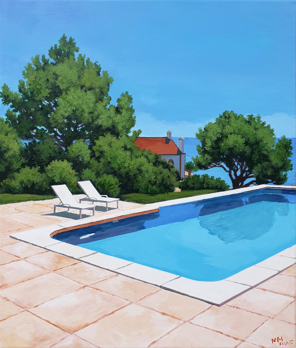 Artwork: Blue Green Abstract Painting, house by the sea, pool view, a view by the pool, Blue, Green, Beige, Grey, Brown, Summer, Exotic, Tree, Pool, Marine, Ocean, Sea, Nature, interior, Modern, Holiday