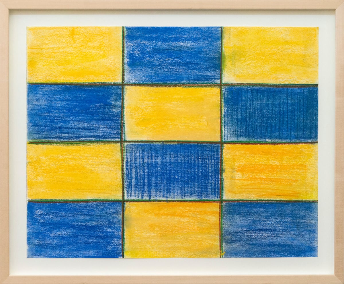 Artwork: Pastel Grid (Yellow, Blue) - contemporary, minimalist, abstract, pastel on paper