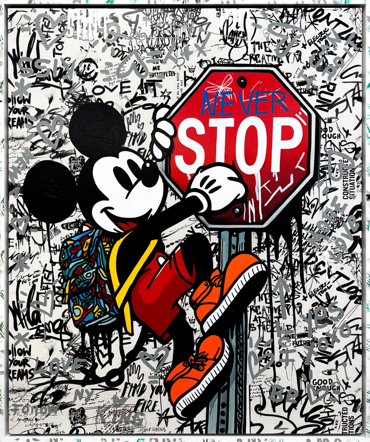 Artwork: The Climber (Mickey Mouse), large original painting with custom painted frame