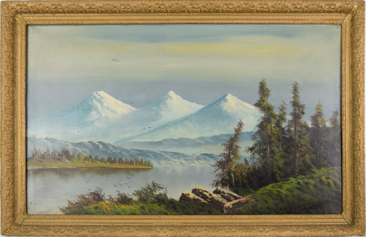 Artwork: Three Sisters in the Cascade Range, Oregon Lake with Birds Migrating