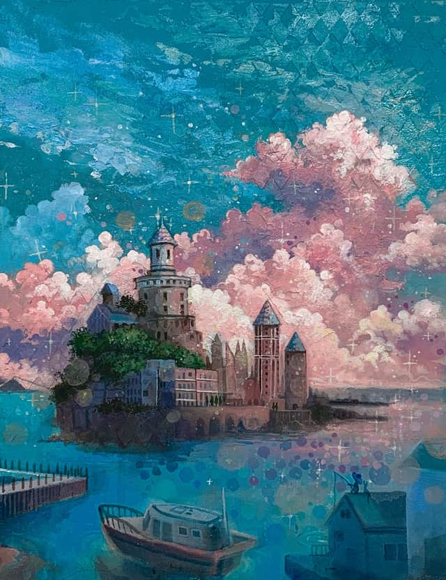 Artwork: pink cloud and Small old castle on a remote island