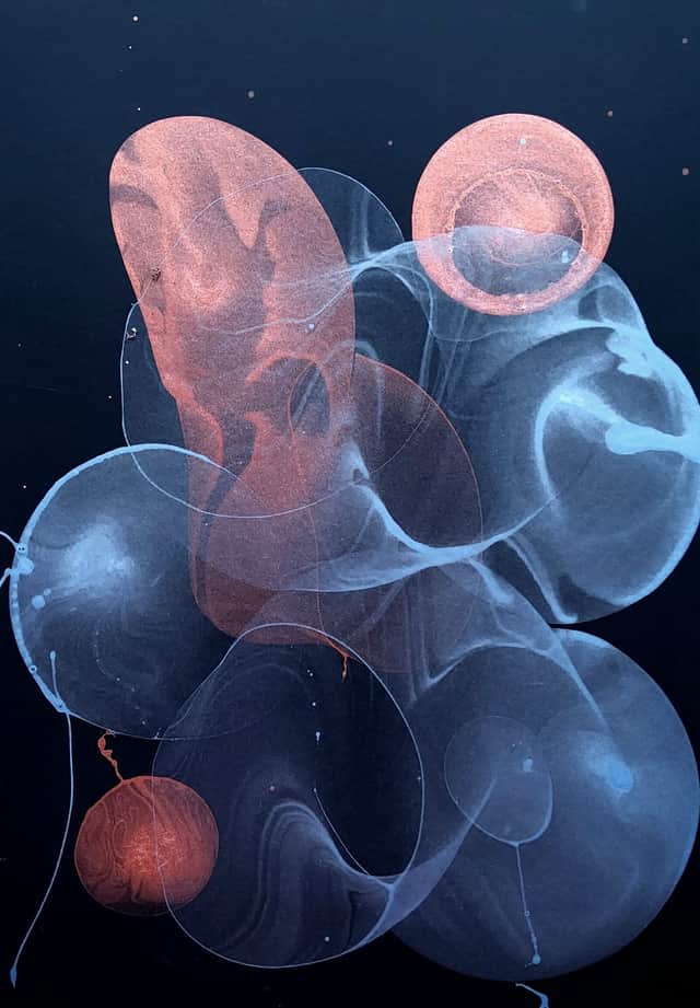 Artwork: "Echo of a Moment", Soap Bubble Art, Geometric Abstraction, Black, Blue, Collect art and design online