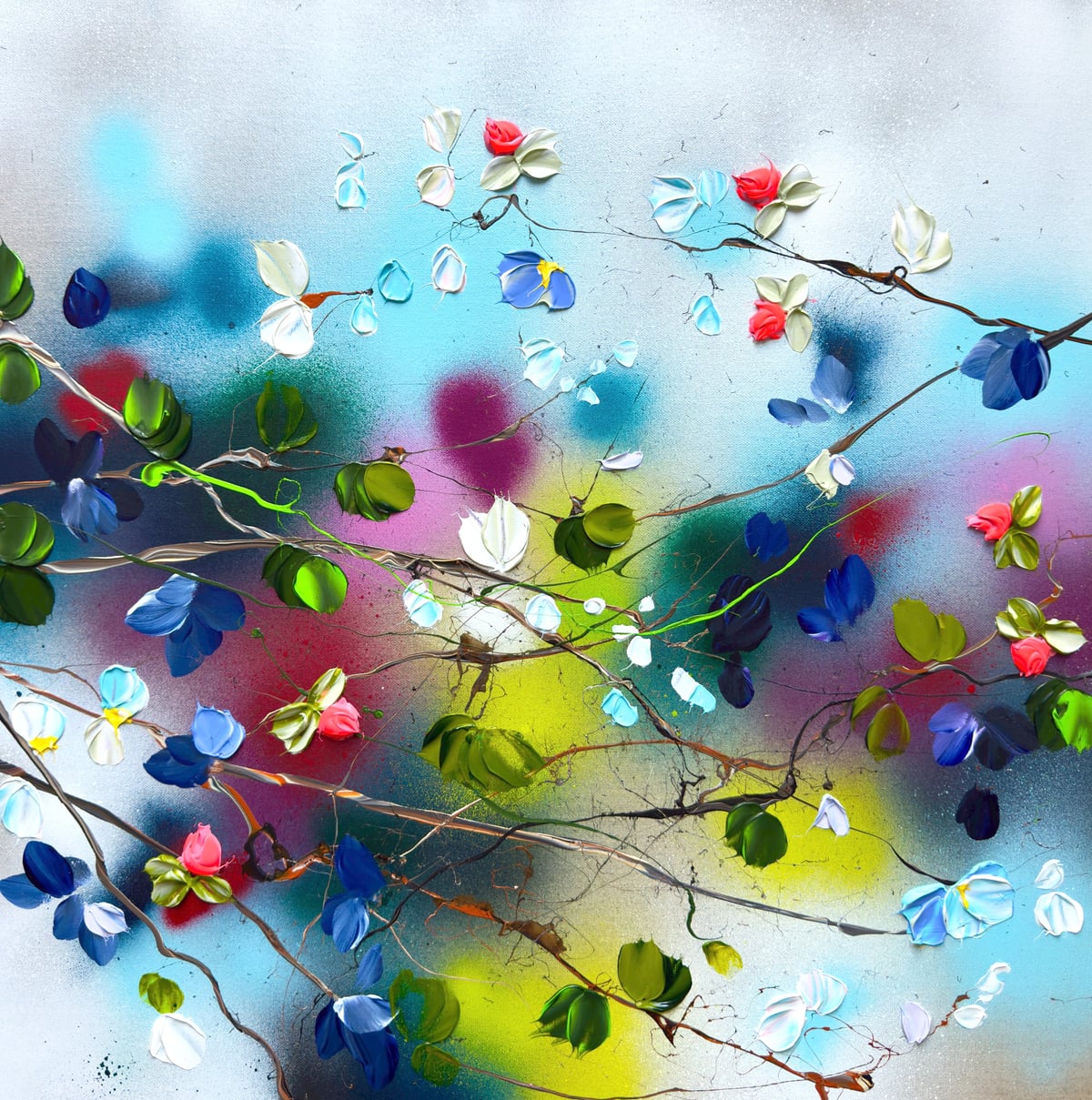 Artwork: "Petals in Flight" - colorful textured painting on linen canvas